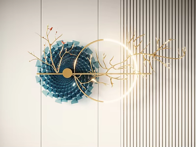 Modern Wall Decor With Blue Fan Shaped Design Golden Branches And Circular Light Ring 3d model