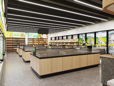 Modern Supermarket Interior With Checkout Counters Shelves And Bright Lighting 3d model