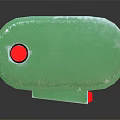 Green Industrial Device With Red Button Yellow Warning Sign Label And Silver Base