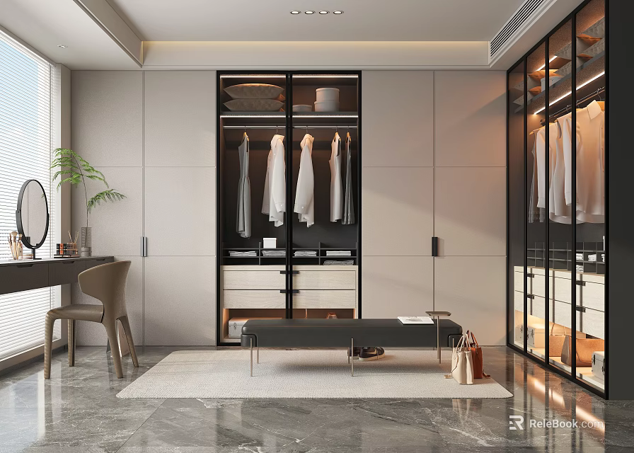 Modern Elegant Walk In Closet With Glass Door Cabinets Hanging Clothes Bench And Marble Floor 3d model 