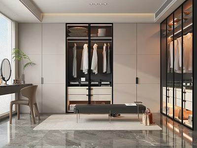 Modern Elegant Walk In Closet With Glass Door Cabinets Hanging Clothes Bench And Marble Floor 3d model