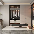 Modern Elegant Walk In Closet With Glass Door Cabinets Hanging Clothes Bench And Marble Floor