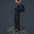 Man in Blue Jacket and Black Vest with Backpack Holding Bat Standing on Cracked Ground