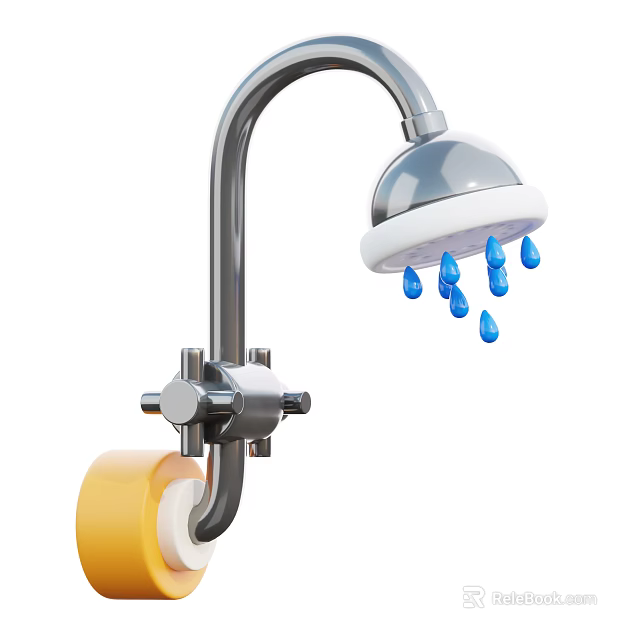 Bathroom Decorative Accessory Set With Shower Head Water Droplets Metal Fixture And Yellow Roll 3d model 