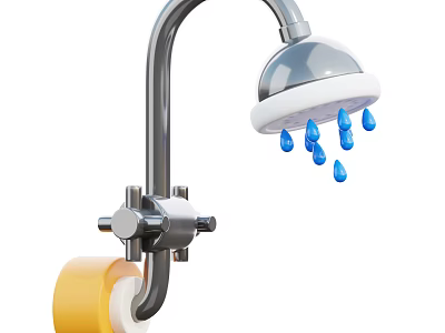 Bathroom Decorative Accessory Set With Shower Head Water Droplets Metal Fixture And Yellow Roll 3d model