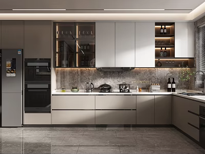 Modern Kitchen Interior With Marble Counter Cabinets And Stainless Steel Appliances 3d model
