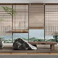 Natural Bamboo Window Blinds With Potted Plant Decorative Stone And Mountain Landscape View