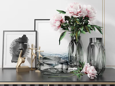 Elegant Glass Vases With Pink Peonies And Framed Art Ornaments On Modern Black Table 3d model