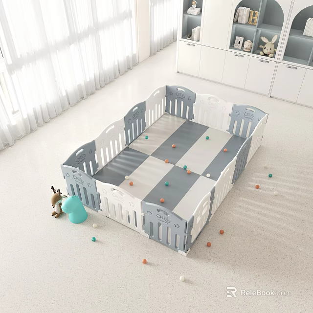 Gray And White Baby Playpen With Toys In Home 3d model 