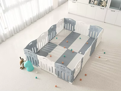 Gray And White Baby Playpen With Toys In Home 3d model