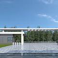Modern Industrial Factory Entrance with Metal Canopy Stone Pillars Lawn and Trees Under Blue Sky