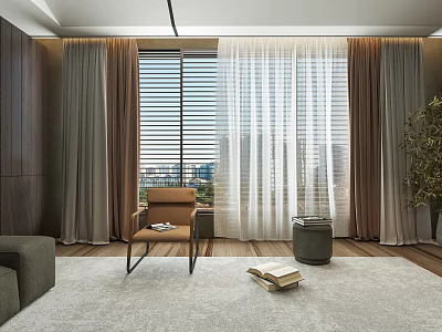 Modern Layered Curtains In Living Room Interior With Window City View And Green Plant Design 3d model