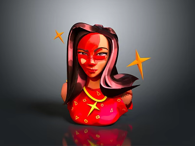 3D Female Character With Black Pink Hair Red Face Paint Red Outfit And Yellow Stars 3d model