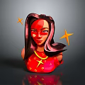 3D Female Character With Black Pink Hair Red Face Paint Red Outfit And Yellow Stars