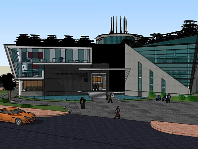 Modern Office Building With Glass Facade Green Roof And Water Feature Entrance 3d model