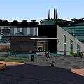 Modern Office Building With Glass Facade Green Roof And Water Feature Entrance