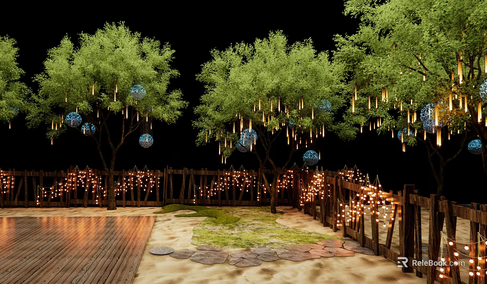 Lush Green Trees With Hanging Decorative Balls String Lights Wooden Fence And Sand Path 3d model 
