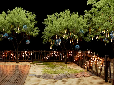 Lush Green Trees With Hanging Decorative Balls String Lights Wooden Fence And Sand Path 3d model
