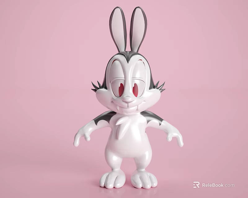 Cartoon Rabbit Toy Figure With White Body Gray Ears And Red Eyes On Pink Background 3d model 
