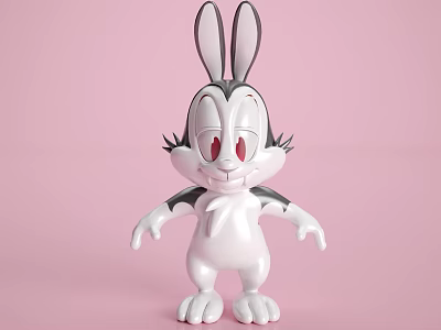 Cartoon Rabbit Toy Figure With White Body Gray Ears And Red Eyes On Pink Background 3d model