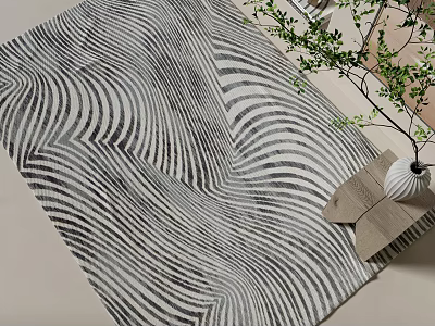 Modern Square Area Rug With Black And White Wavy Striped Pattern And Decorative Green Plant 3d model