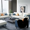 Modern White Blue Sofa Coffee Table Set With Ottoman Pillows Green Plants And Window View