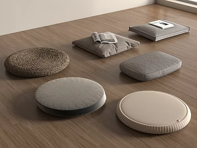 Various Floor Cushions In Round Square Shapes With Woven Fabric On Wooden Floor 3d model