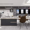 Modern Kitchen Showroom Interior With Marble Island Cabinets Appliances And Dining Chairs