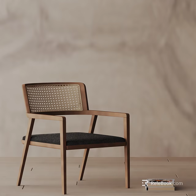 Wooden Frame Dining Chair With Woven Backrest And Black Cushion On Light Wall Wooden Floor 3d model 