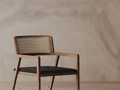 Wooden Frame Dining Chair With Woven Backrest And Black Cushion On Light Wall Wooden Floor 3d model