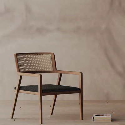 Wooden Frame Dining Chair With Woven Backrest And Black Cushion On Light Wall Wooden Floor 3d model