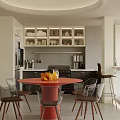Modern Restaurant Interior With Red Dining Table Transparent Chairs Open Kitchen And Cabinets 3d model