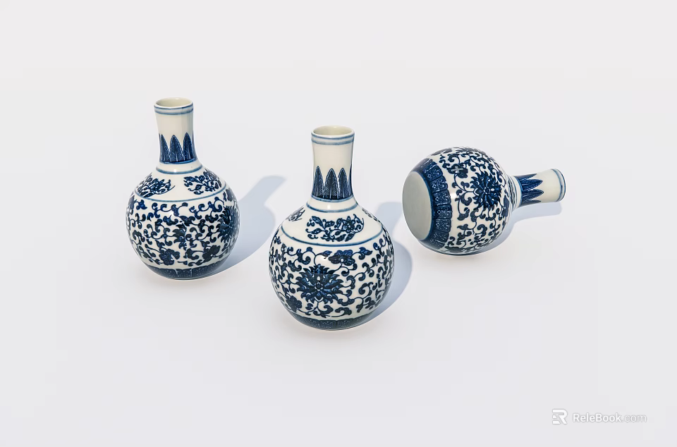 Traditional Blue and White Ceramic Vessels with Floral Patterns as Decorative Vases 3d model 