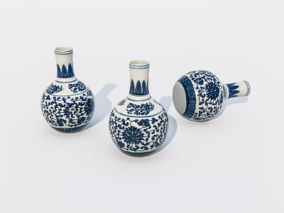 Traditional Blue and White Ceramic Vessels with Floral Patterns as Decorative Vases 3d model