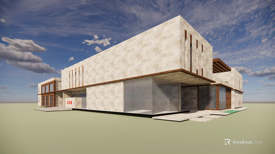 Modern Building Exterior Design With Light Stone Walls Large Glass Windows And Wooden Eave 3d model 