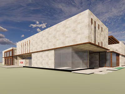 Modern Building Exterior Design With Light Stone Walls Large Glass Windows And Wooden Eave 3d model