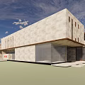 Modern Building Exterior Design With Light Stone Walls Large Glass Windows And Wooden Eave