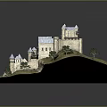 Detailed Ancient Castle Model with Medieval Towers Fortified Walls and Green Landscape