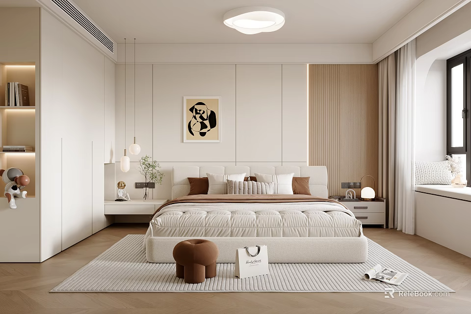 Modern Minimalist Bedroom Interior With Plush Bed Decorative Art Beige Rug And Soft Lighting 3d model 