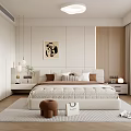 Modern Minimalist Bedroom Interior With Plush Bed Decorative Art Beige Rug And Soft Lighting