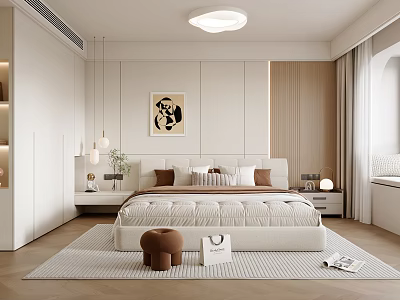 Modern Minimalist Bedroom Interior With Plush Bed Decorative Art Beige Rug And Soft Lighting 3d model