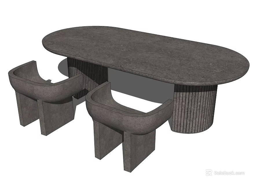 Gray Oval Dining Table Set with Vertical Striped Legs and Curved Chairs 3d model