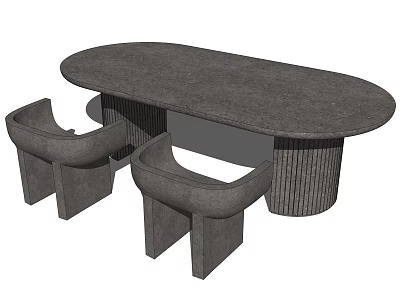 Gray Oval Dining Table Set with Vertical Striped Legs and Curved Chairs 3d model