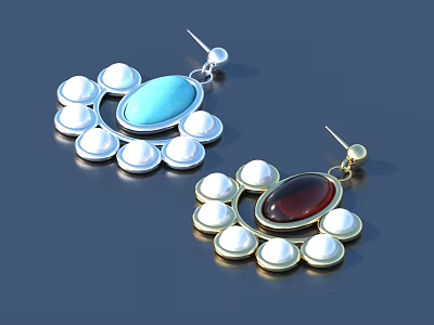 Turquoise And Ruby Earrings With Pearl Accents In Silver And Gold Settings 3d model