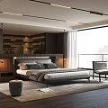 Modern Double Bed With Brown Headboard Plush Pillows Bedding Soft Rug Stool And Natural Light