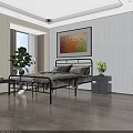 Gray Bedside Table with Drawers Clear Vase Green Flowers and Blue LED Light
