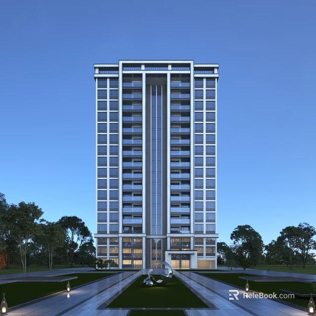 Modern High Rise Residential Building Exterior With Glass Curtain Walls And Green Trees 3d model 