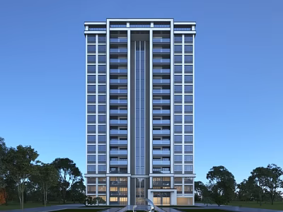 Modern High Rise Residential Building Exterior With Glass Curtain Walls And Green Trees 3d model