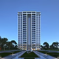 Modern High Rise Residential Building Exterior With Glass Curtain Walls And Green Trees