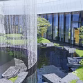Modern Indoor Garden Landscape With Green Plants Water Feature And Seating Area